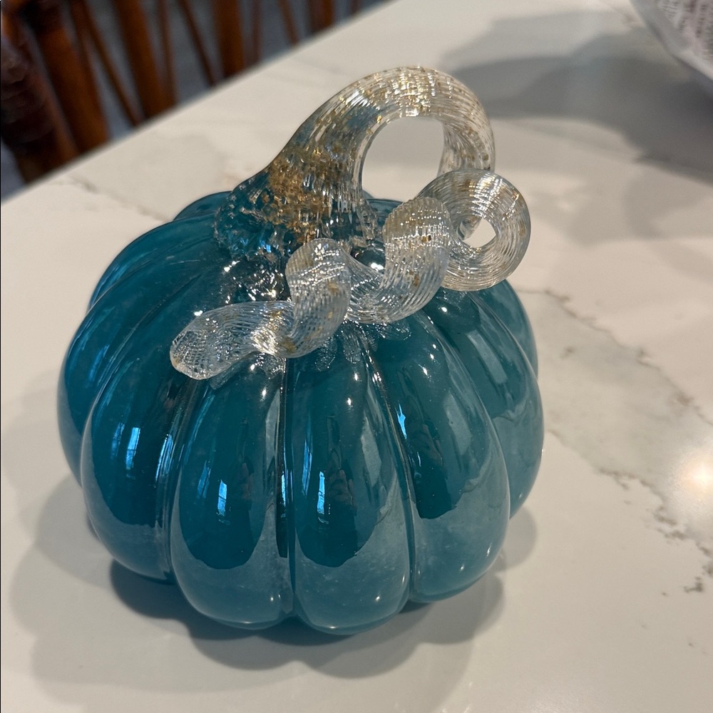 Elegant Glass Pumpkin Decor in Teal and Silver